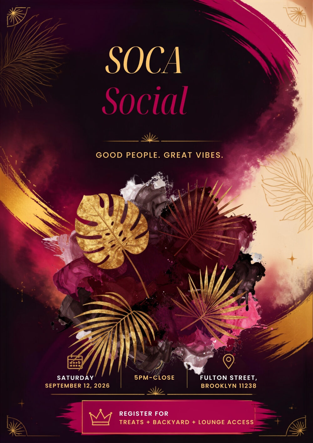 Soca Social event flyer — Saturday, September 12, 2026, 5PM until close, Fulton Street, Brooklyn